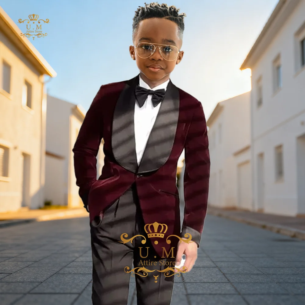 

Kids Gift Boy's Burgundy Velvet Suit Black Shawl Lapel Jacket Pants Bow Tie Blaby Baptism Wedding Prom Teenager Party Tuxedo