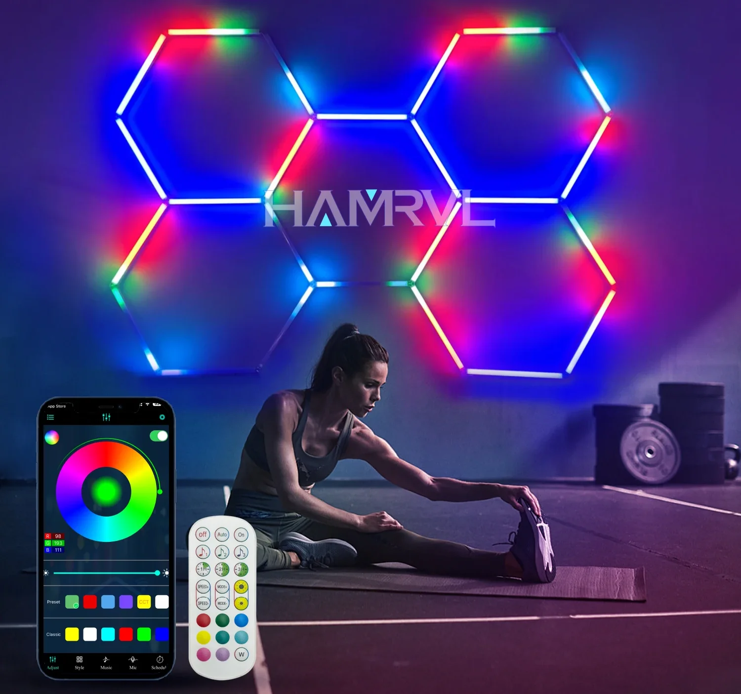 Hexagon Led Lights App Remote Control  RGB Garage Panel Lighting,Chasing Color Dimmable Ceiling for Party,Gaming,Music,Stage,Gym