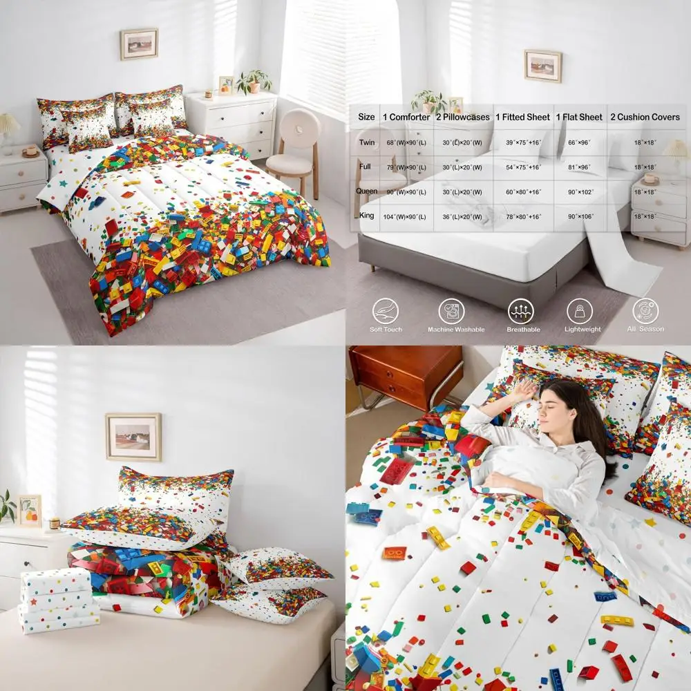 

King Size 3D Building Blocks Comforter Set - 7-Piece Bedding with Colorful Sheets for Kids & Teens, Rainbow Gradient Room Decor