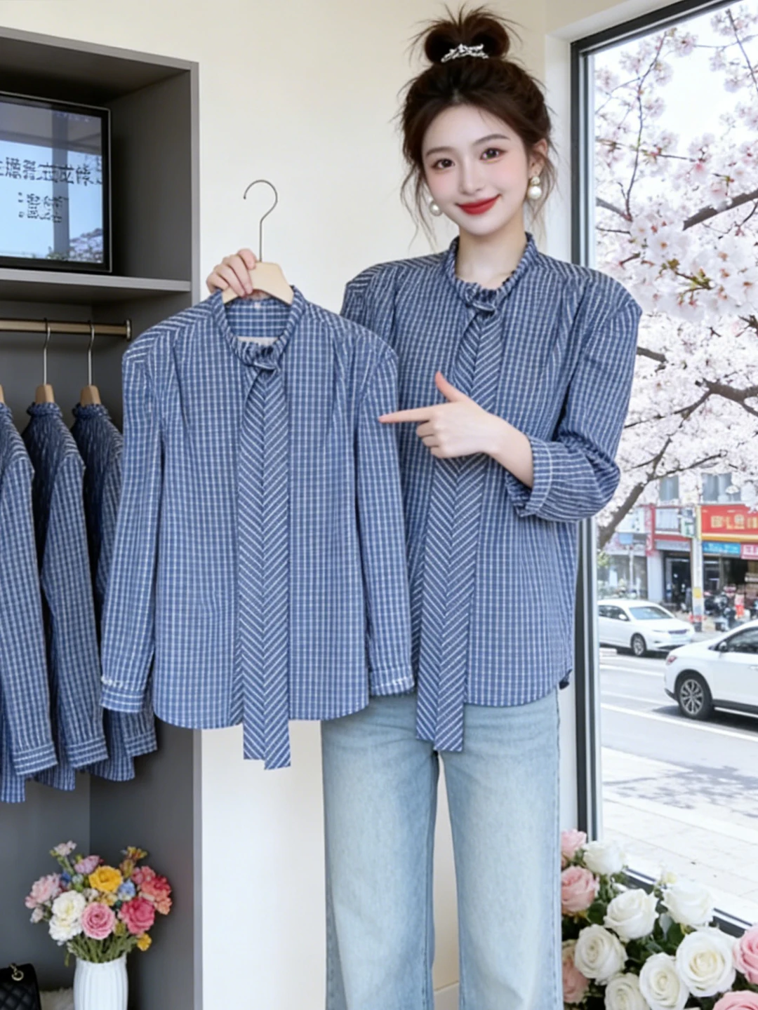 

Элегантная синяя рубашка в клетку с поясом, женская, новая модель ранней весны, премиум-класса, с длинным рукавом, стройнящая, универсальная, из хлопка и полиэстера