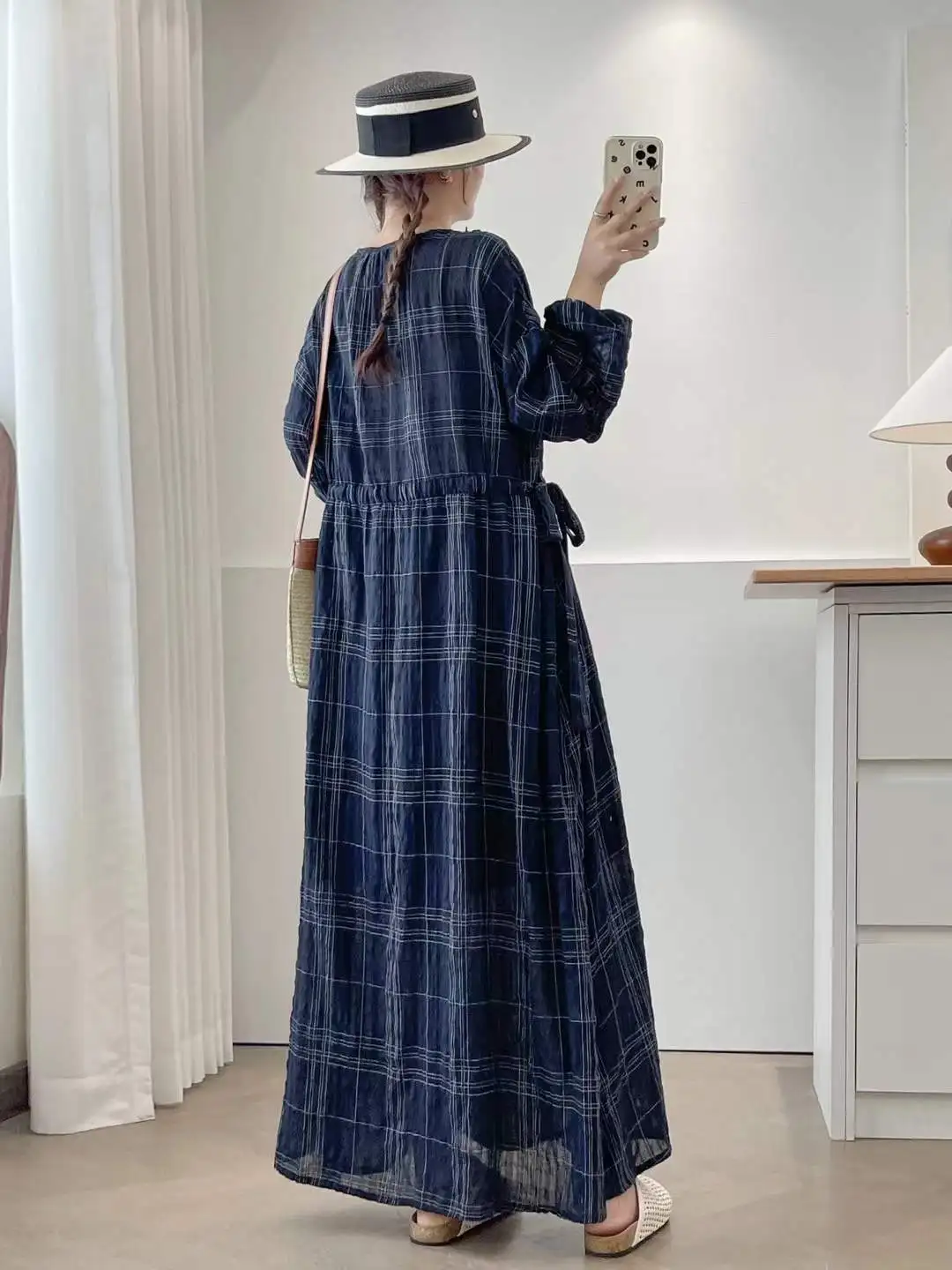 [즉시 배송] 고품질 여성용 100% 면 블라우스 셔츠 체크무늬 드레스 루즈핏 대형 사이즈 긴팔 여성용 롱 드레스