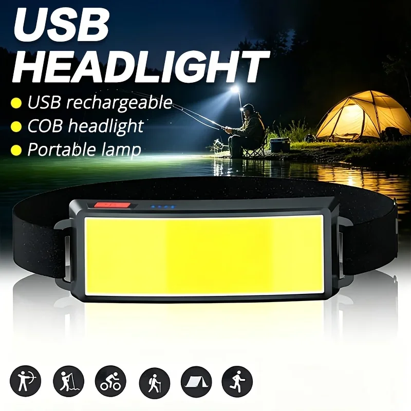 Bright COB Fishing Headlamp Type-C Rechargeable Waterproof Night Fishing Head Flashlight Built-in Battery Outdoor Camping Torch