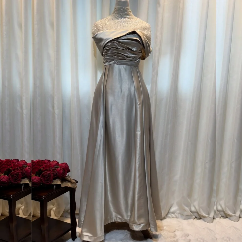 

Customized Fashion Simple Charmeuse Pleat Sequined A-line High Collar Long Dresses Bespoke Occasion Classic
