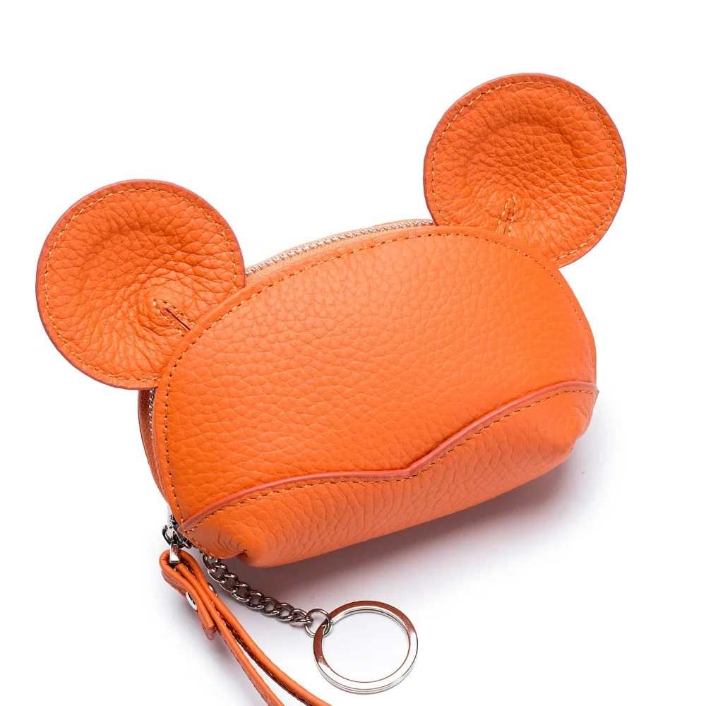 A7019 First Layer Cow Leather Mouse Ears Design Cute Versatile Lady Zipper Coin Bags Key Ring Chain Style Girls Wrist Belt Purse