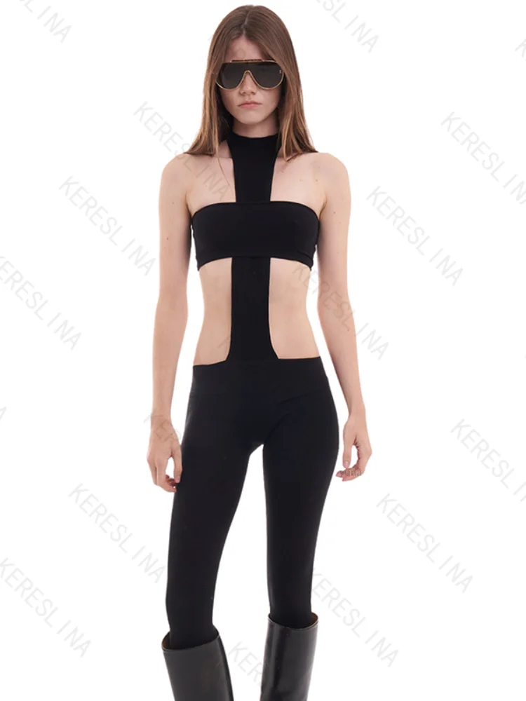 Style américain haute rue mode sexy combinaison pantalon punk rétro licou cou mince femmes collants Y2K goth emo fille streetwear
