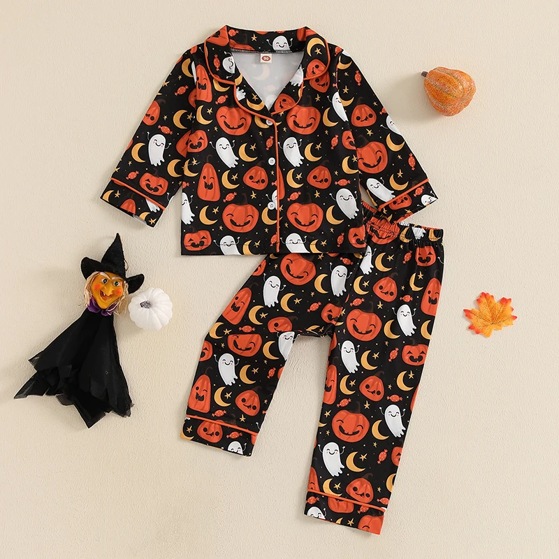 Suefunskry Kids Halloween Pajama Set Lapel Neck Button-up Tops Long Pants Pumpkin Ghost Print Loungewear Set Homewear