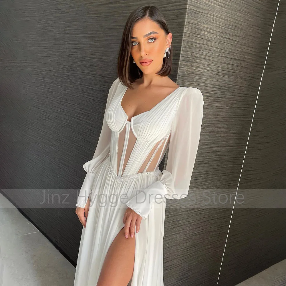 Robe de Mariée Sexy en Mousseline de Soie Ivoire à Manches sulfBouffantes, Col en V, Ligne A, Fente sur les Cuisses, pour Patients d'Été