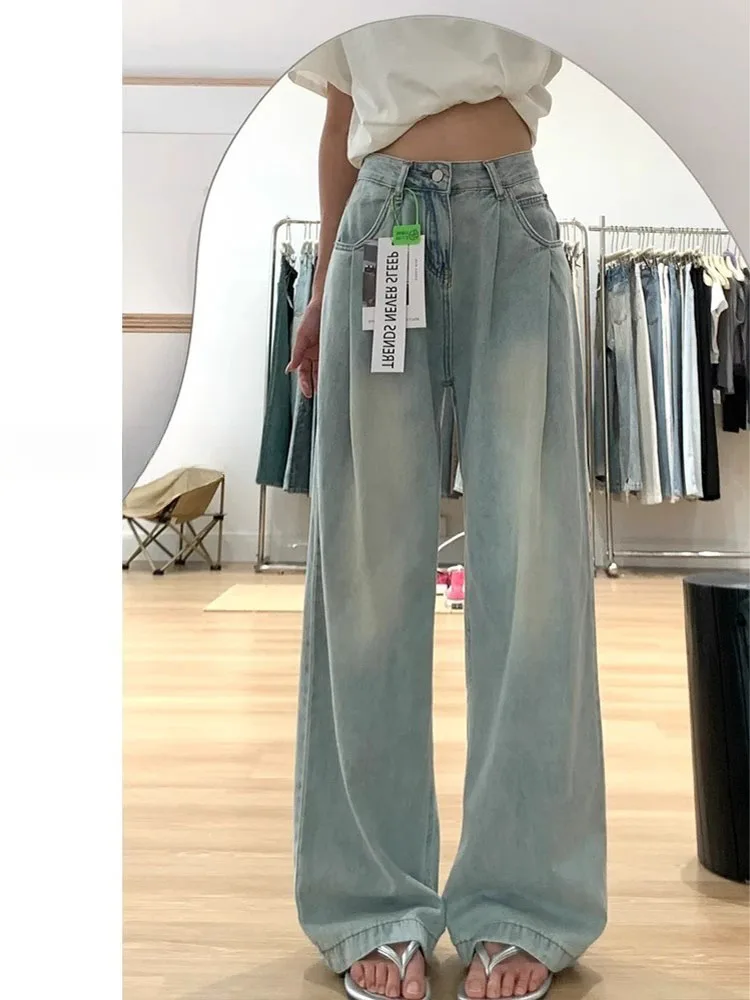 

High Waist Wide Leg Denim Jeans Women Summer Thin Folded Loose Drapey Ice Silk Straight Leg Floor Length Pants