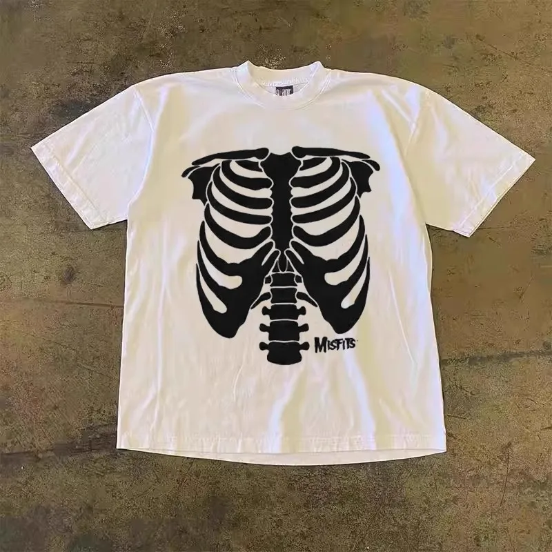 Pure Cotton 260g Vintage Skeleton Print Short Sleeve T-Shirt Couple Style Men Women Casual Comfortable Cotton Top