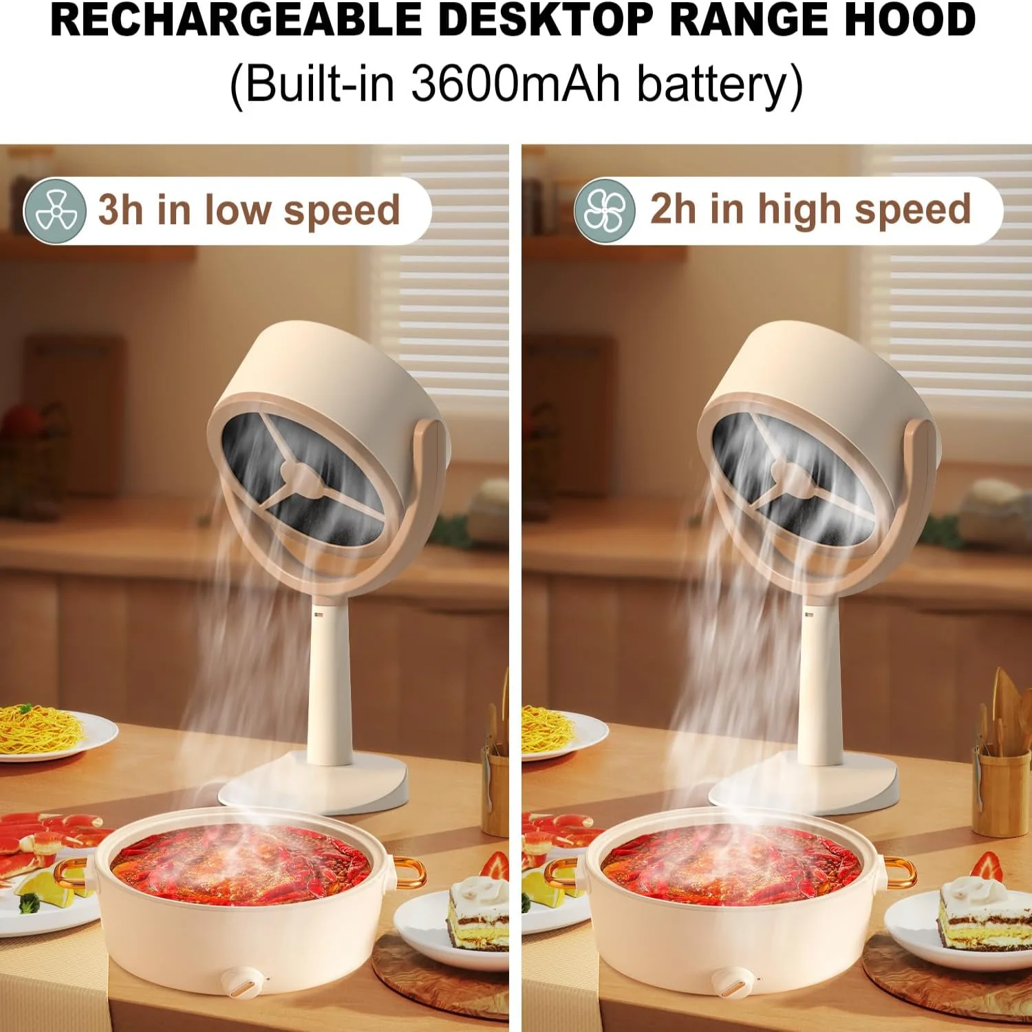 Cordless Desktop Range Hood with 2 Speed Exhaust Fan, Low Noise Rechargeable Portable Cooker Range Hood, Kitchen Exhaust Fan for