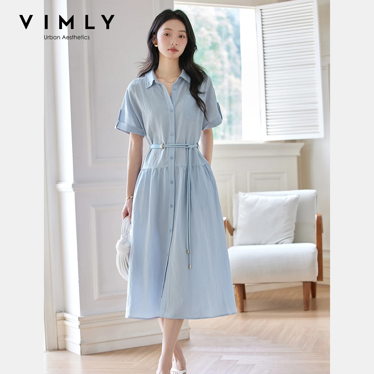 VIMLY bleu chemise robe femmes 2025 été dames Midi français a-ligne avant poches Polo ceinture Robes femme Robes Midi A2515