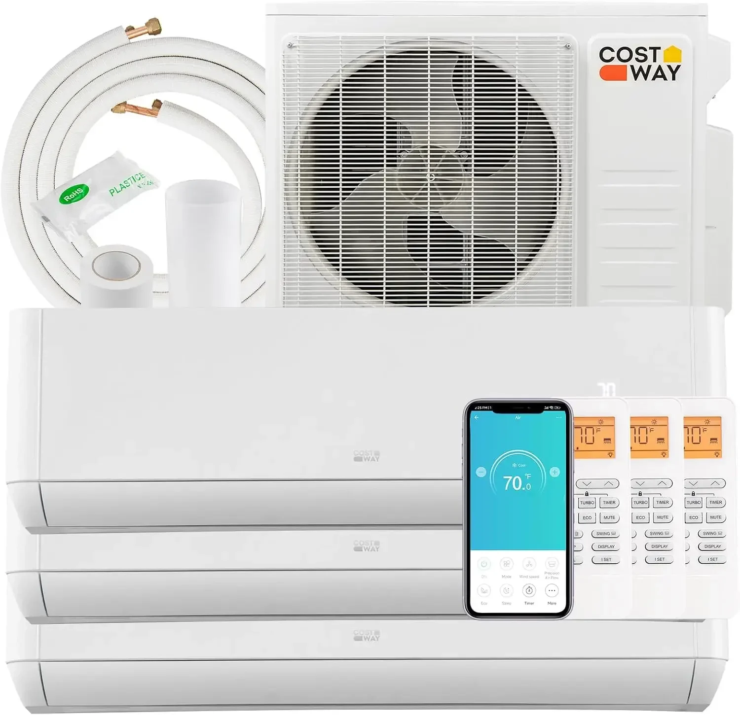 COSTWAY 27K BTU Tri 3 Zone Mini Split AC/Heating System, 22 SEER2 9,000+9,000+12,000 BTU Wall Mount Ductless