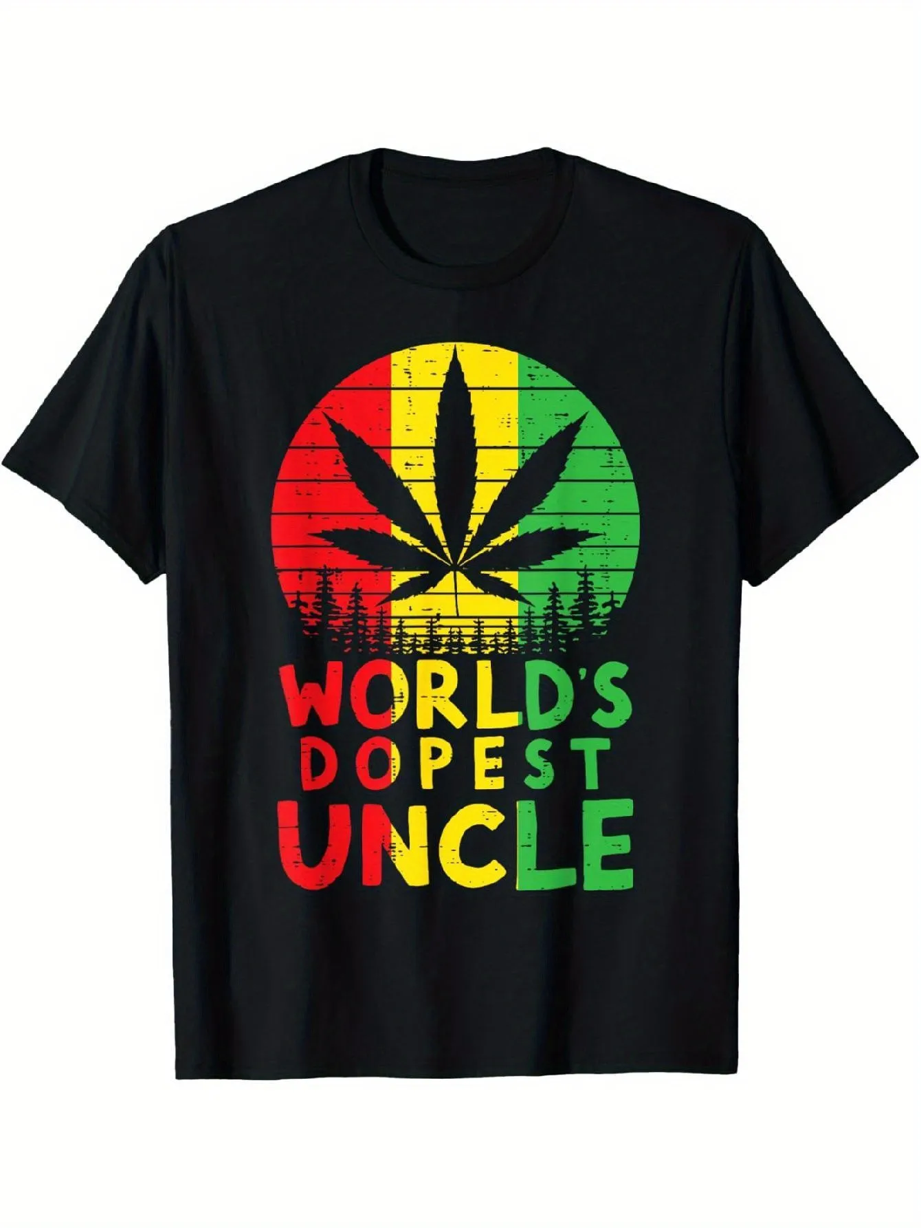 

World's Dopest Uncle Rasta Jamaican Graphic T-Shirt Black Reggae-Inspired Design with Leaf & Pine Trees High Elasticity Regular Fit