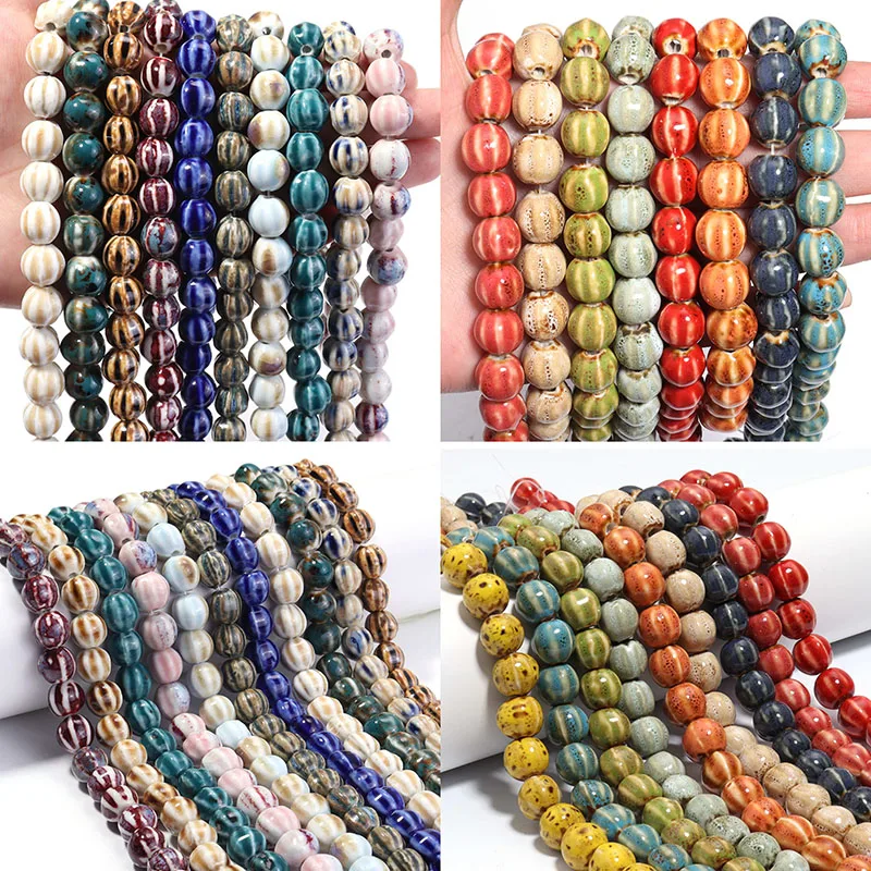 28pcs/lot 11.5mm Colorful Pumpkin Stripe Ceramics Beads Round Loose Spacer Beads For Jewelry Making DIY Bracelet Accessories