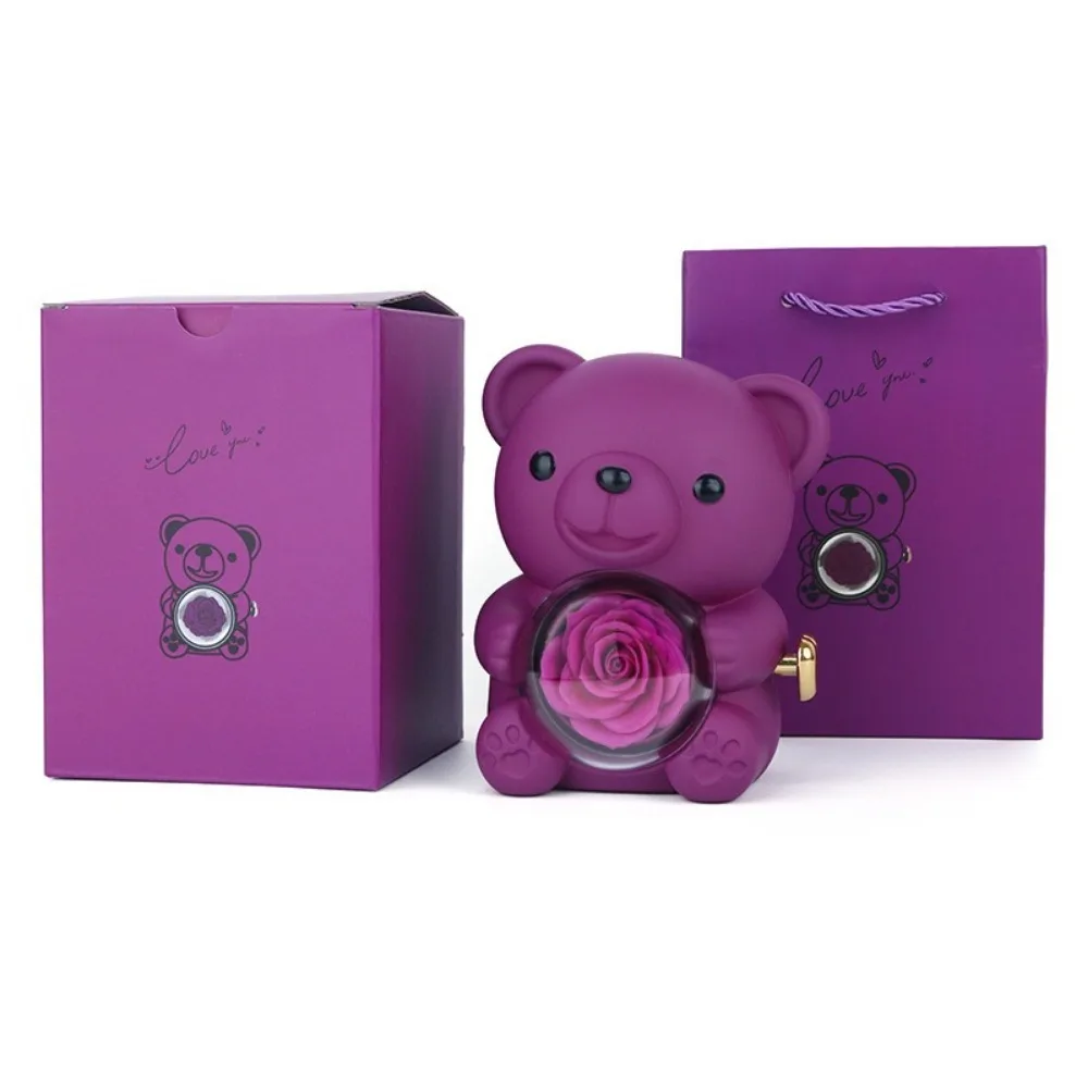 Plastic Rotating Hugging Bear Jewelry Box Romantic Jewelry Display Rose Bear Gifts Box Cute with Soap Rose