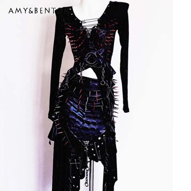 

Original Punk Rock Black V-neck Women's Long Sleeve Top Gothic New Irregular Rivet Chain Higth Waist Skirt 2-Piece Suit Ladies
