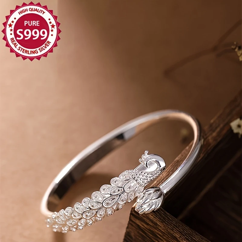 OUYADI 999 Sterling Silver Retro Peacock Lotus Open Women Bangle, With Free Custom Engraving For Daily & Holiday Gifting