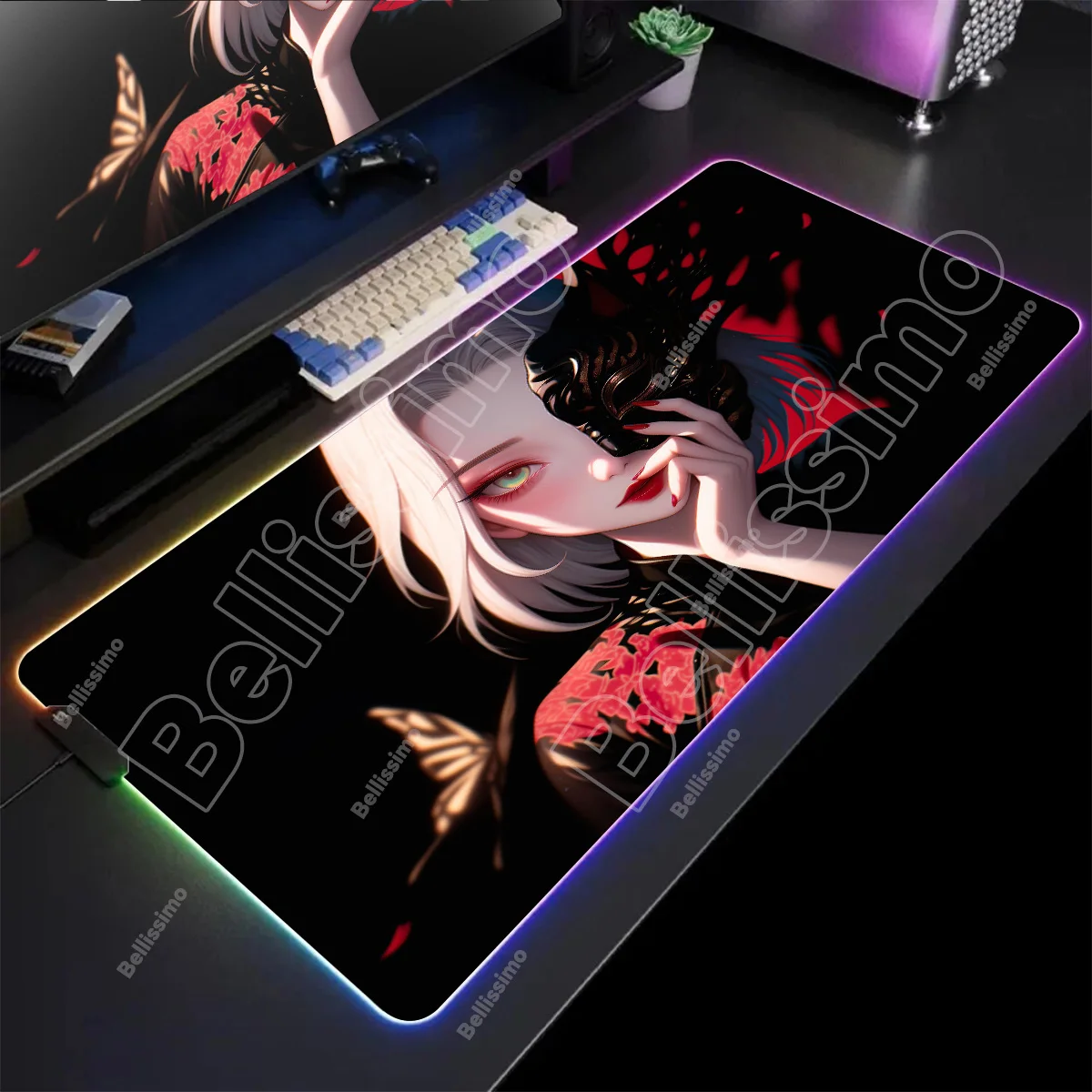 

Японский Oni Mask Girl RGB Коврик для мыши Игровой настольный коврик Светодиодное освещение Коврик для мыши Запирающий край Подсветка Коврик для клавиатуры Аниме ПК Настольная панель
