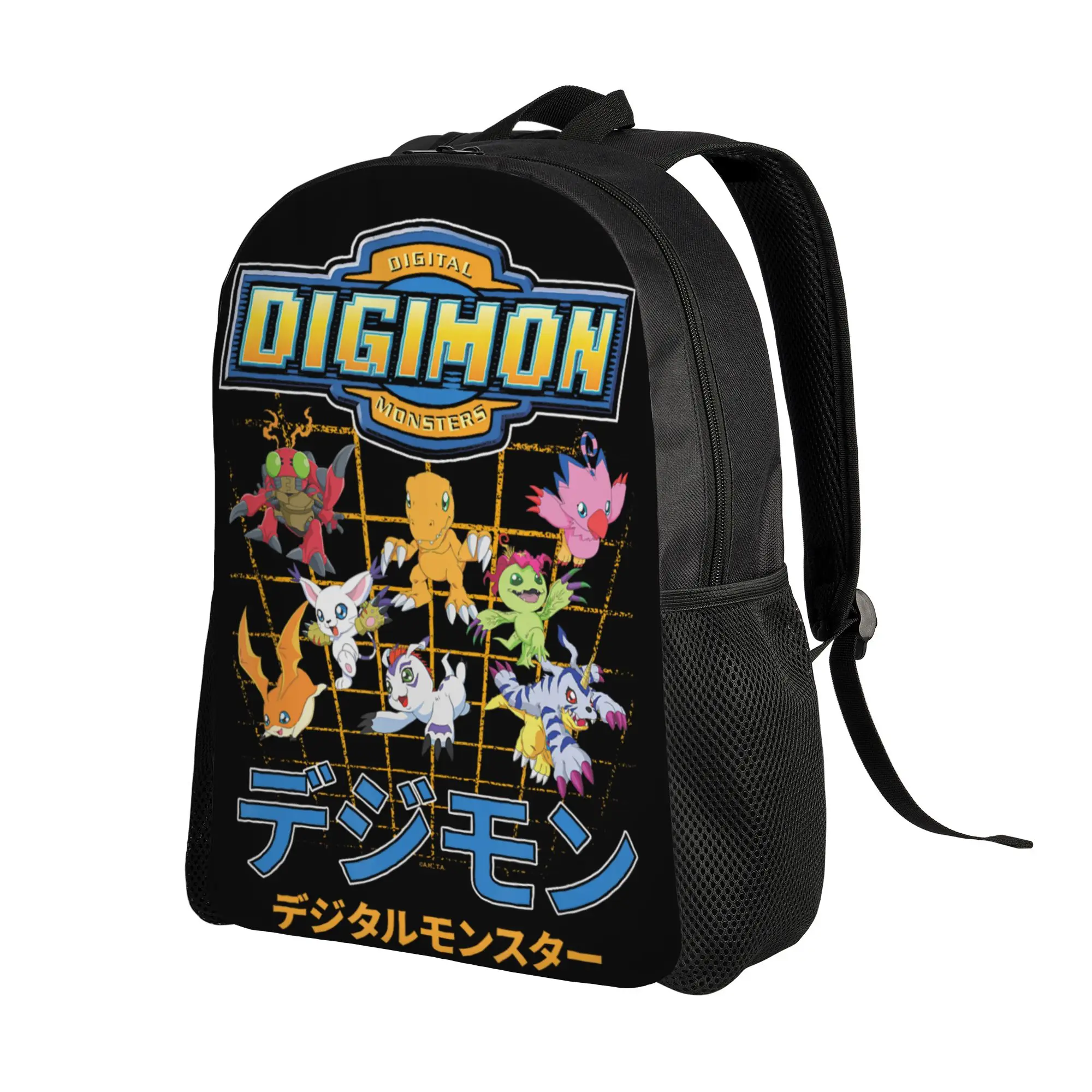 Digimon Character Grid with Kanji and Logo Digital Monsters backpack ita bag  mochila Strap Outdoor Zipper Closure Rucksack