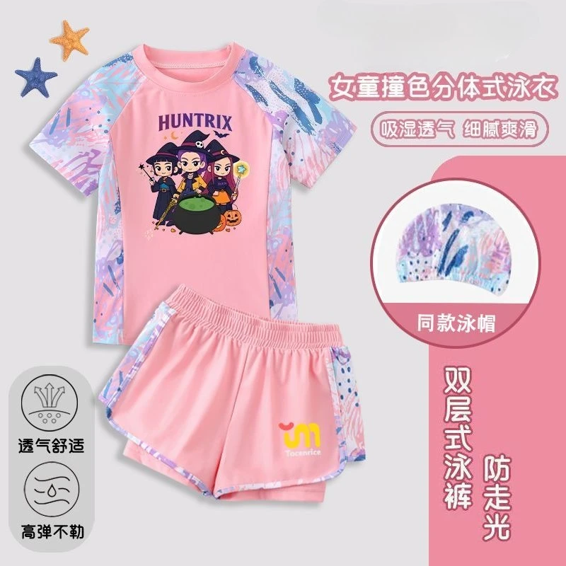 

Модный комплект для девочек 2026: купальник с мультяшным принтом, шорты и футболка с коротким рукавом