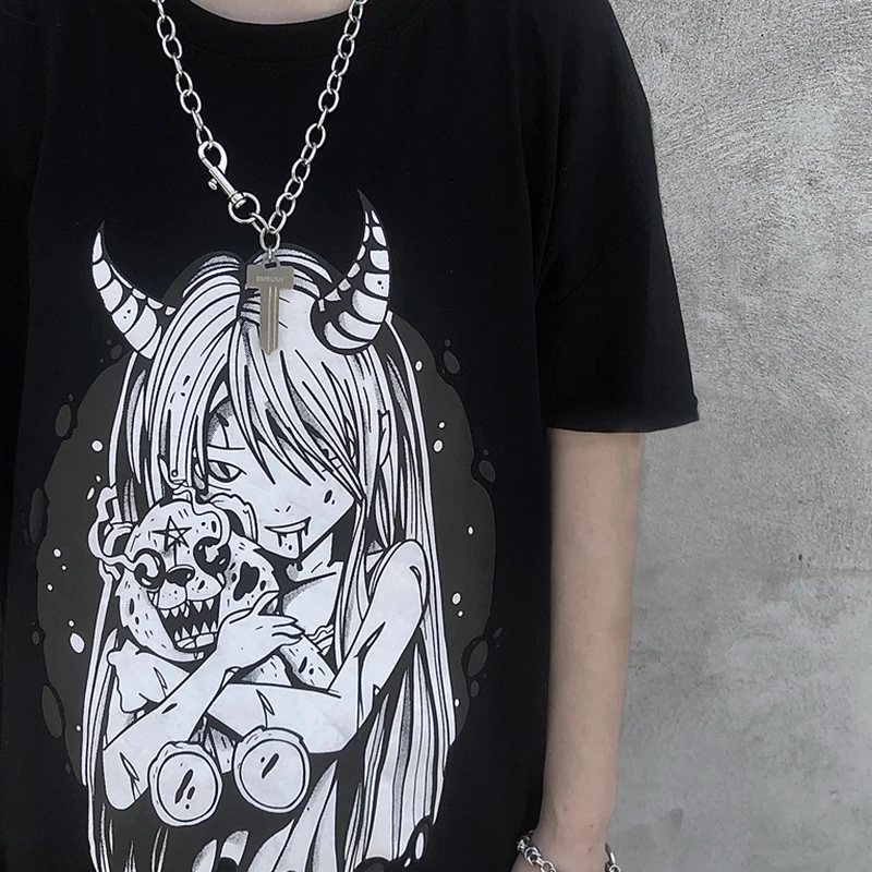 Women T-shirt Satan Demon Punk Gothic Loose Streetwear Harajuku Japan Cartoon Girls Print Summer Fun Casual Cotton Y2k Tops