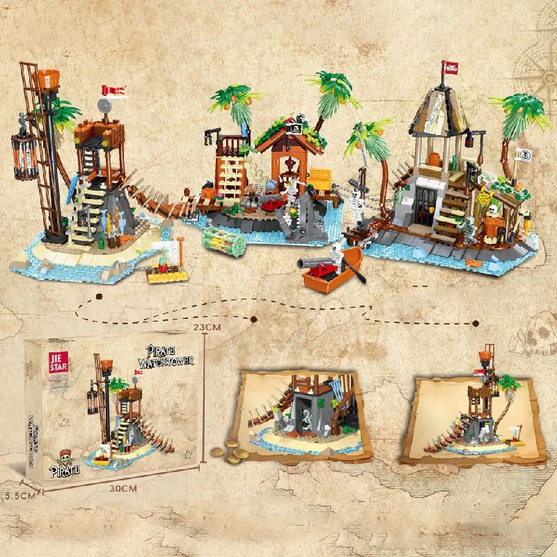 MOC-casa pirata creativa, bloques de construcción, calavera, centavos negros, torre de reloj, modelo de ladrillos, juguetes con figuras, rompecabezas DIY, regalo