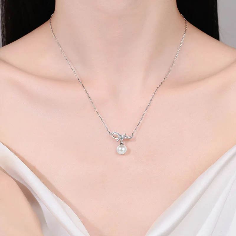 Aesthetic Women's Natural Pearl Pendant Necklace Novel Bowknot Design Bridal Wedding Accessories Party Gift Hot Trendy Jewelry