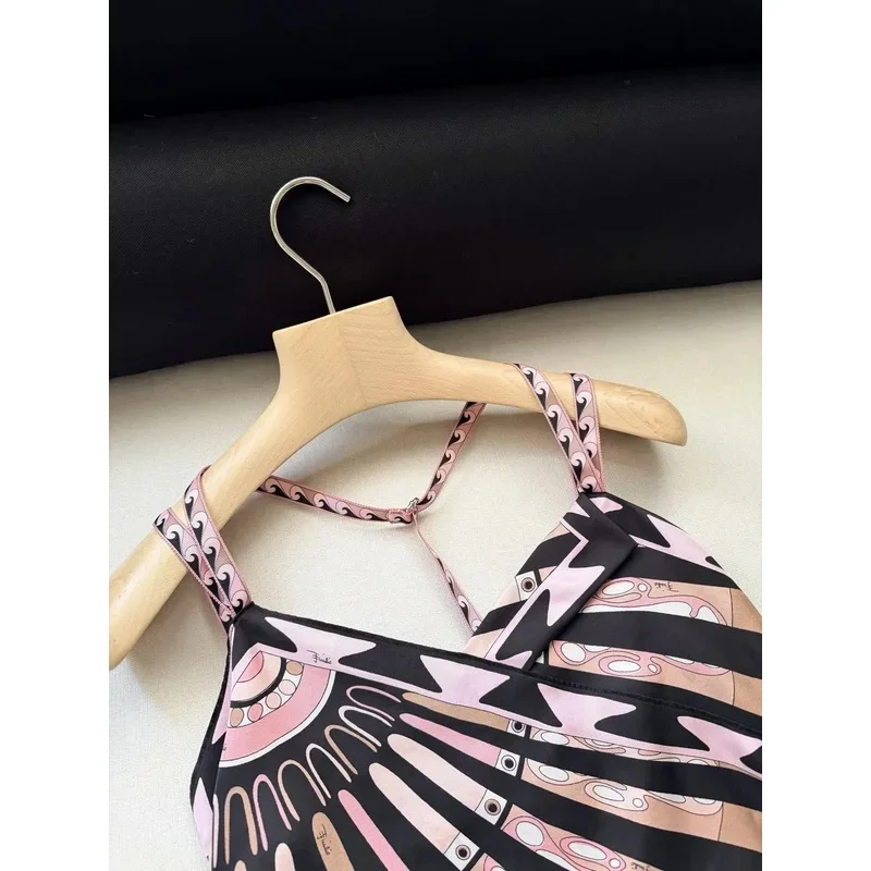 Women Pink And Black Geometric Pattern Irregular Hem Sexy Suspender  Silk Top