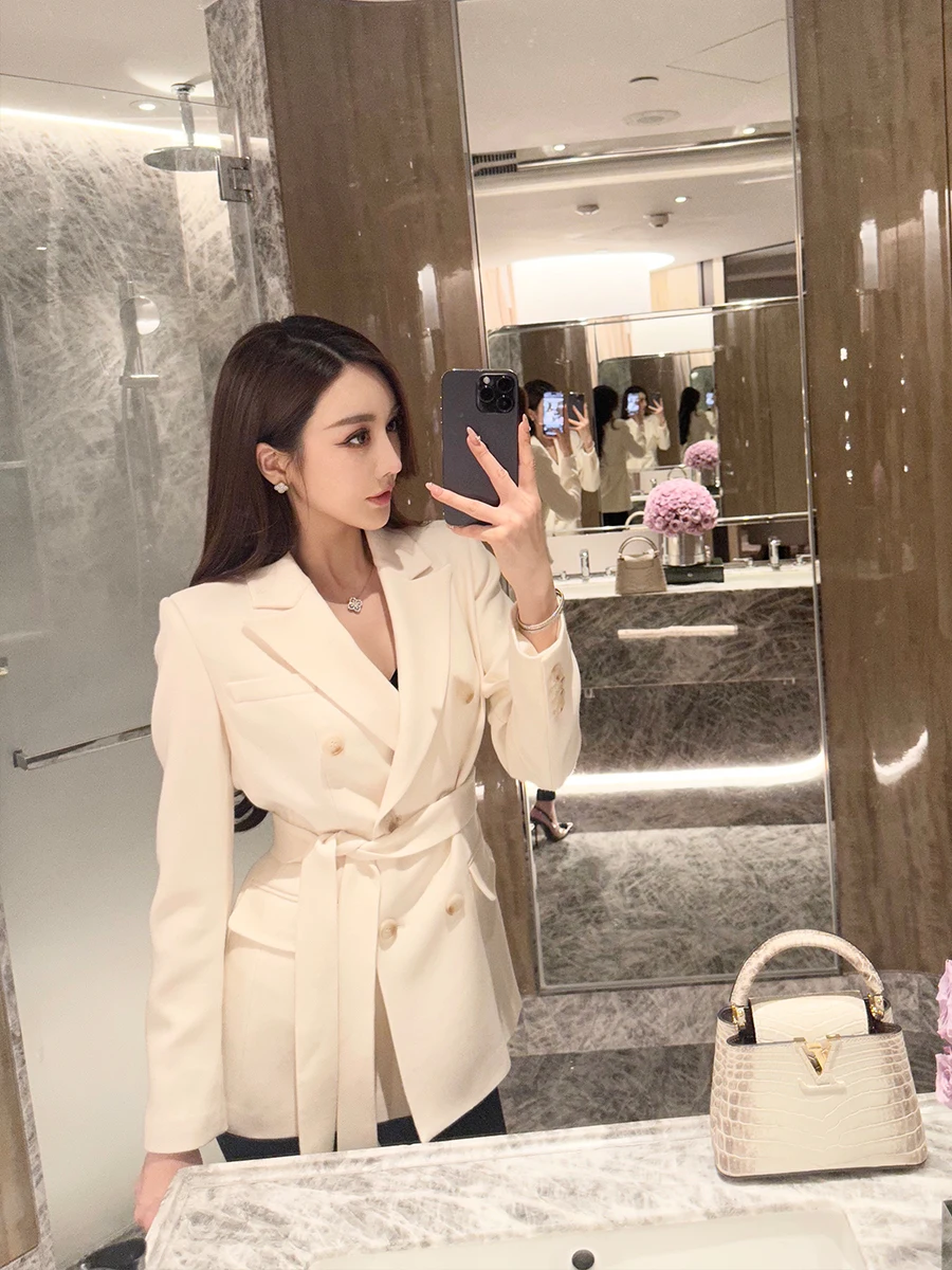 

Ele White Woolen Suit Jaet Women's Casual Double-breasted Loose Fit Faionable Commute Sle Long Sve Pure Color