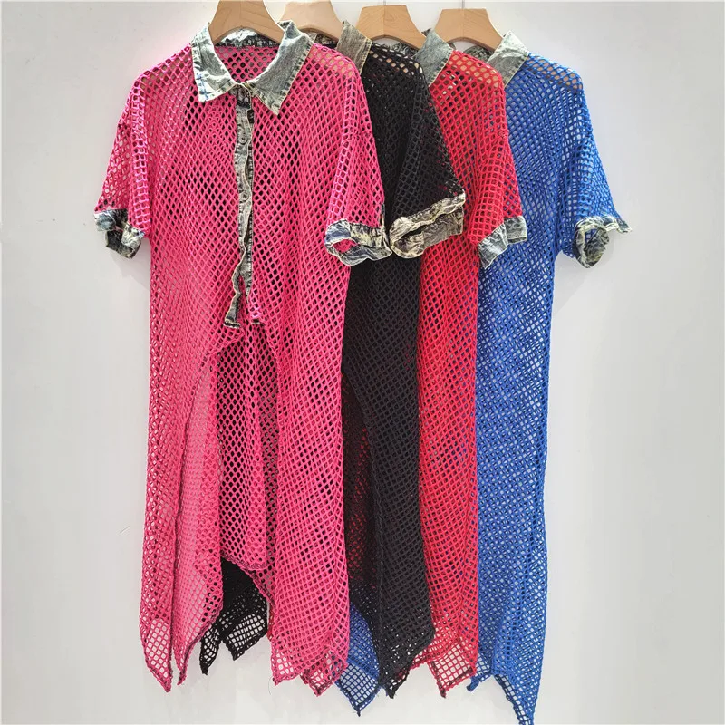

Summer Women Mesh Spliced Hollow Out Denim Shirt Dress Loose Gauze Patchwork Cowboy Net Yarn Blouse Long Irregular Cardigan Tops