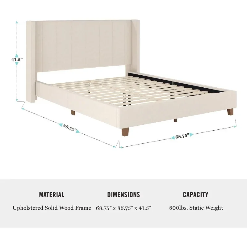 Low Profile Platform Bed with Wingback Headboard, Channel Stitched Faux Linen Upholstery, No Box Spring Needed, Queen, Beige