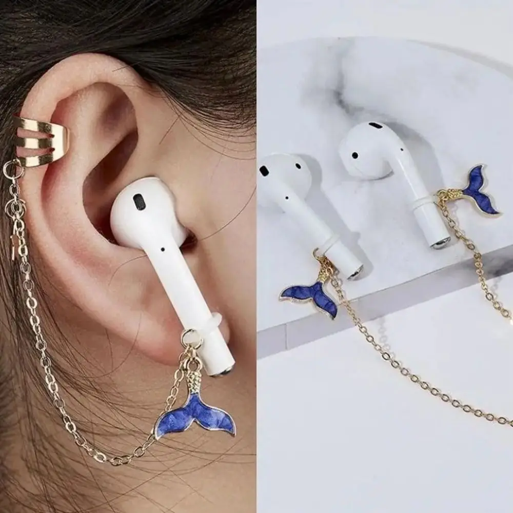 2 Buah/Pasang Klip Earphone Antihilang Lumba-lumba Dekorasi Telinga Bintang Klip Telinga Antihilang Perhiasan Mode Rantai Pelindung Earphone