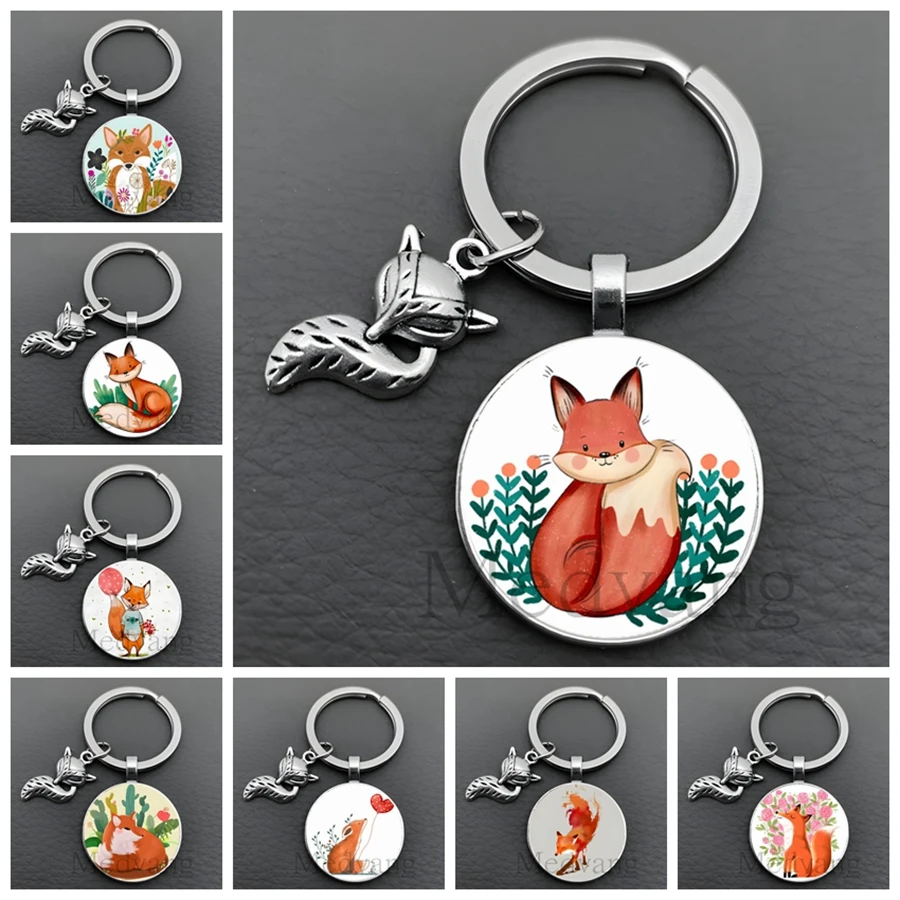 Cartoon long tail fox keyring cute fox animal glass keychain jewelry gift for women and girls