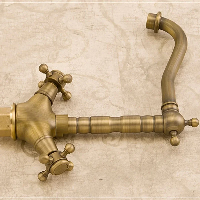 European Retro Brass Basin Faucet with Dual Handle Hot and Cold Rotatable Faucet for Bathroom Sink
