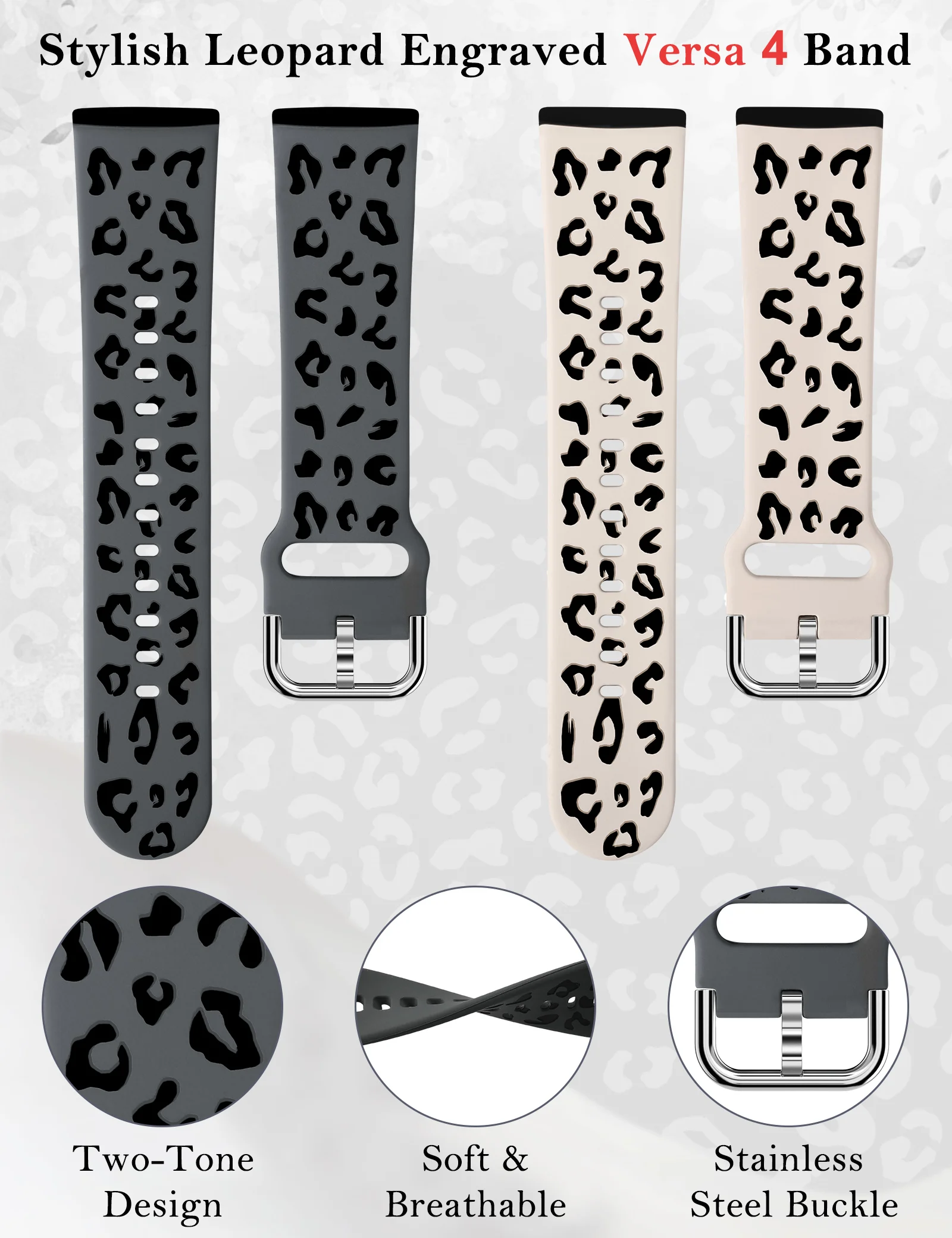 2 Pack Leopard Engraved Band for Fitbit Versa 4/Versa 3/Sense 2/Sense Band Two-Tone Silicone Sport Replacement Wristband Strap