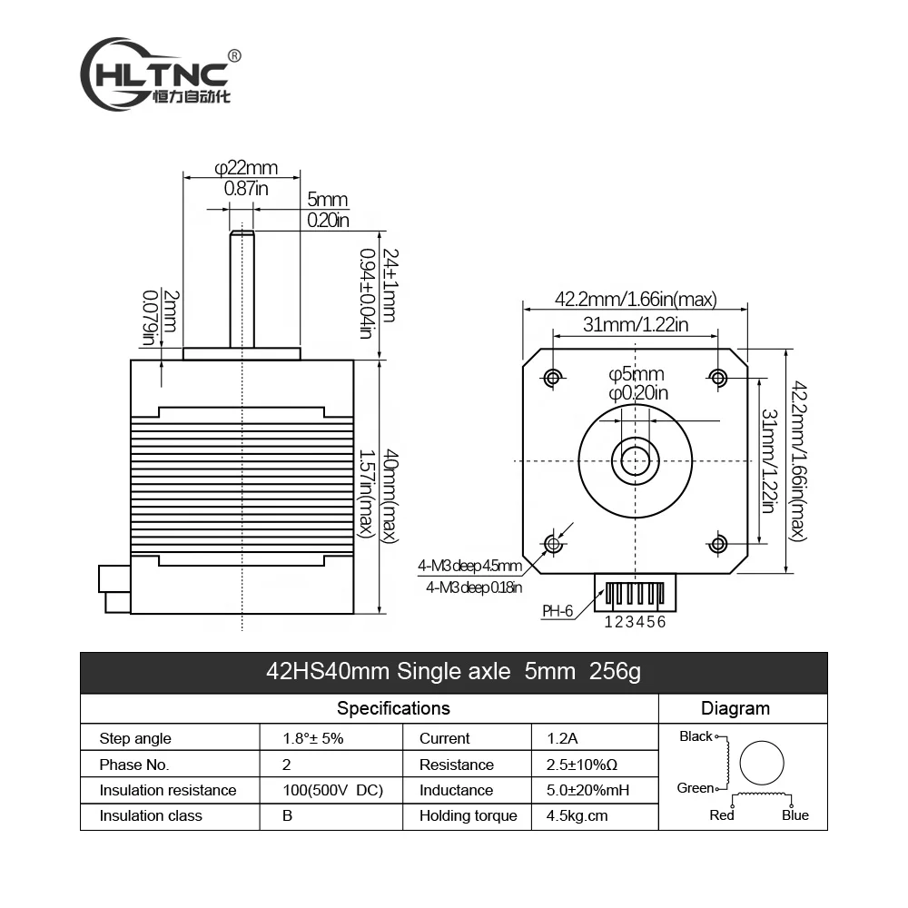 HLTNC Stappenmotor met laag koppel Nema17 0,28 nm Motor42HS40-A5-A24 0,9 2-fase hybride stappenmotor voor CNC-router