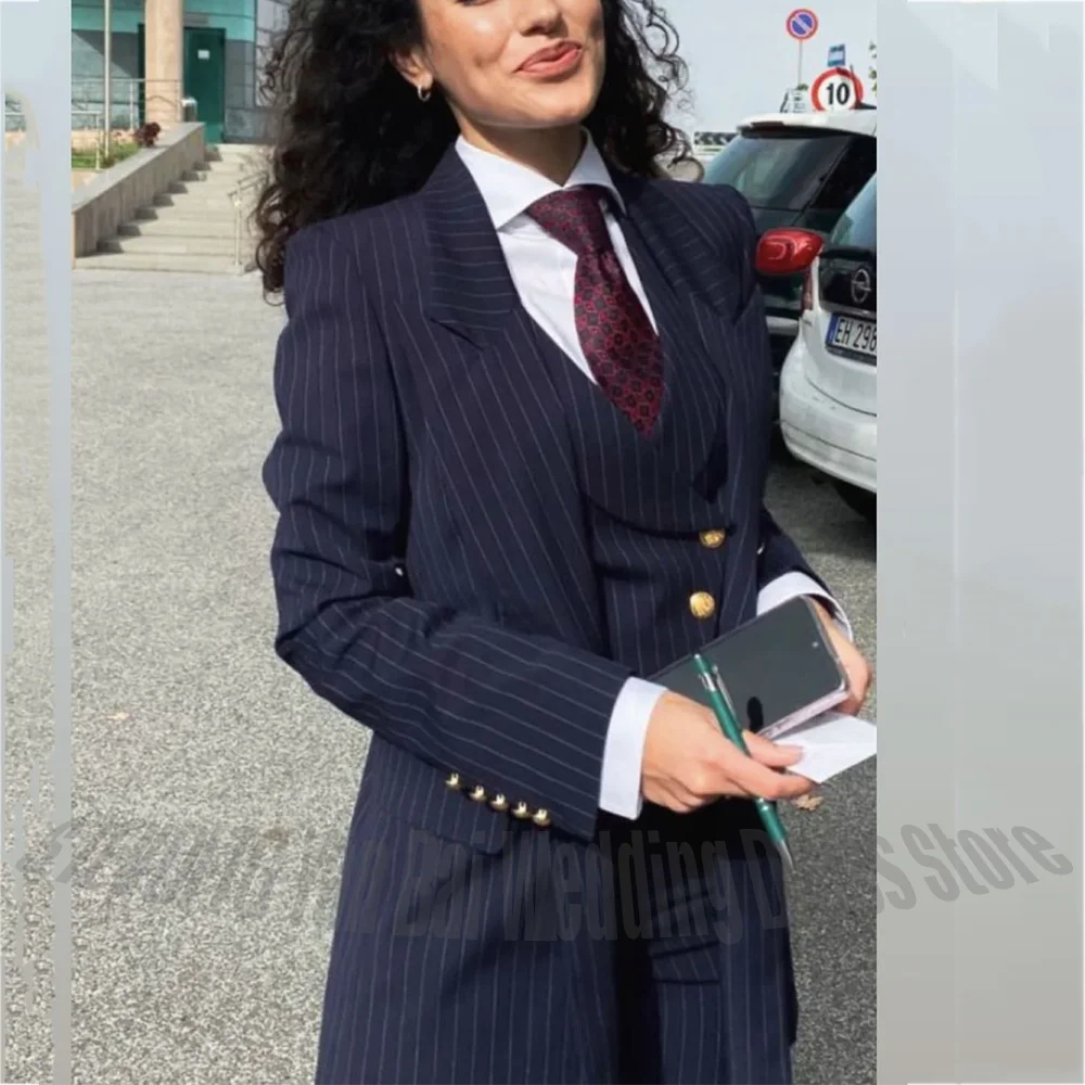 Navy Blue Striped Women's Suit Tailor-Made Professional Modern Peaked Lapel Office Work Lady Set Three Pieces(Jacket+Vest+Pants)