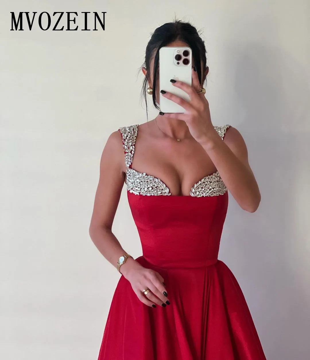 MVOZEIN Red Satin Evening Dresses Hand Beding Crystal A-Line Prom Dresses Off the Shoulder Elegant Party Dresses 2024