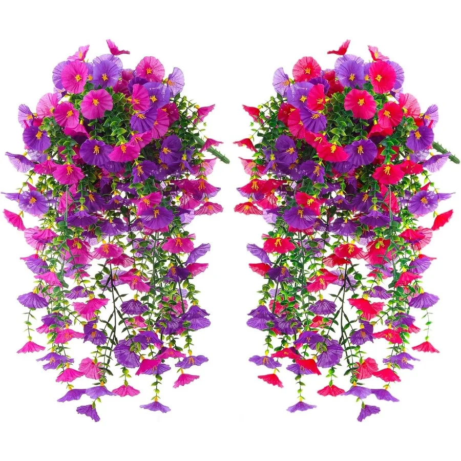 Vines artificiales de gloria de la mañana, flores colgantes de primavera para exteriores con hojas de eucalipto, flores de seda para exterior, hogar, jardín, Pati