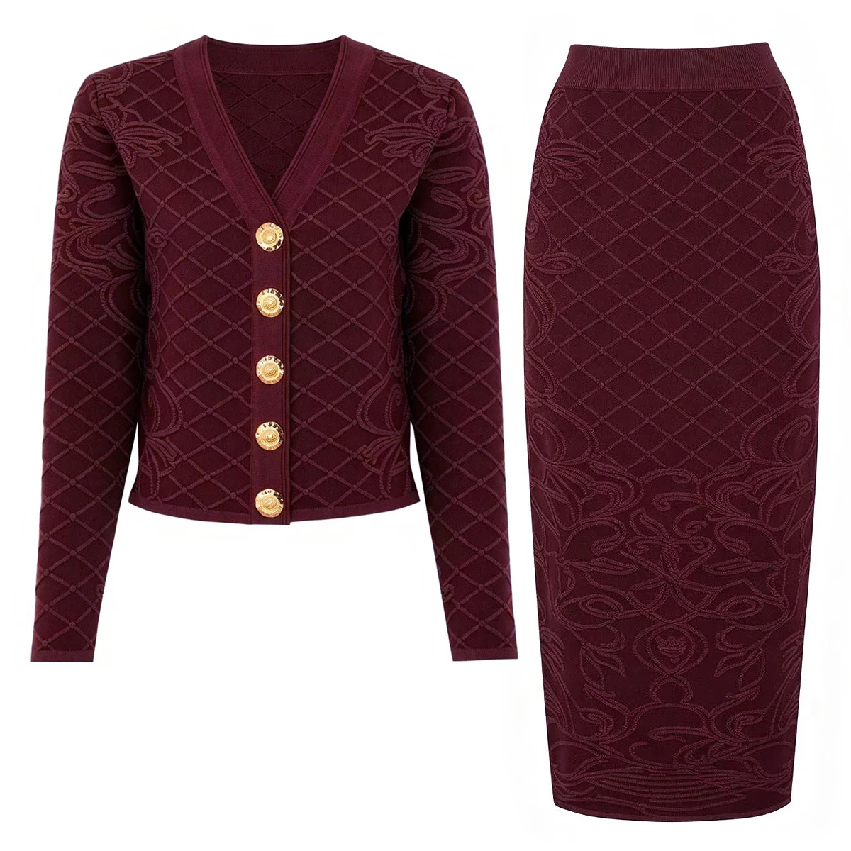 26291 New Autumn Women 2Pcs Outfit V Neck Long Sleeve Checkered Embroidered Knit Cardigan Slim Fit Midi Skirt Set