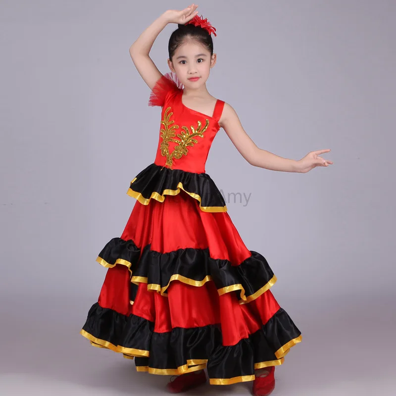 Red Children Spanish Dance Costume Dance Big Swing Skirts Flamenco Costume for Performance