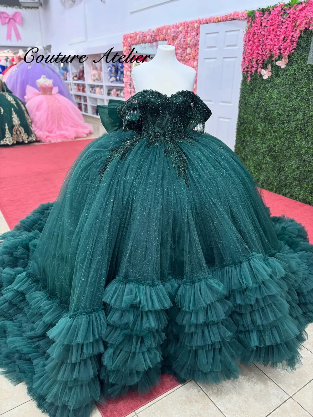 Princesse émeraude Gree15 Quinceanera robes robe de bal volants robes d'anniversaire hors de l'épaule Corset doux 16 robes personnalisées