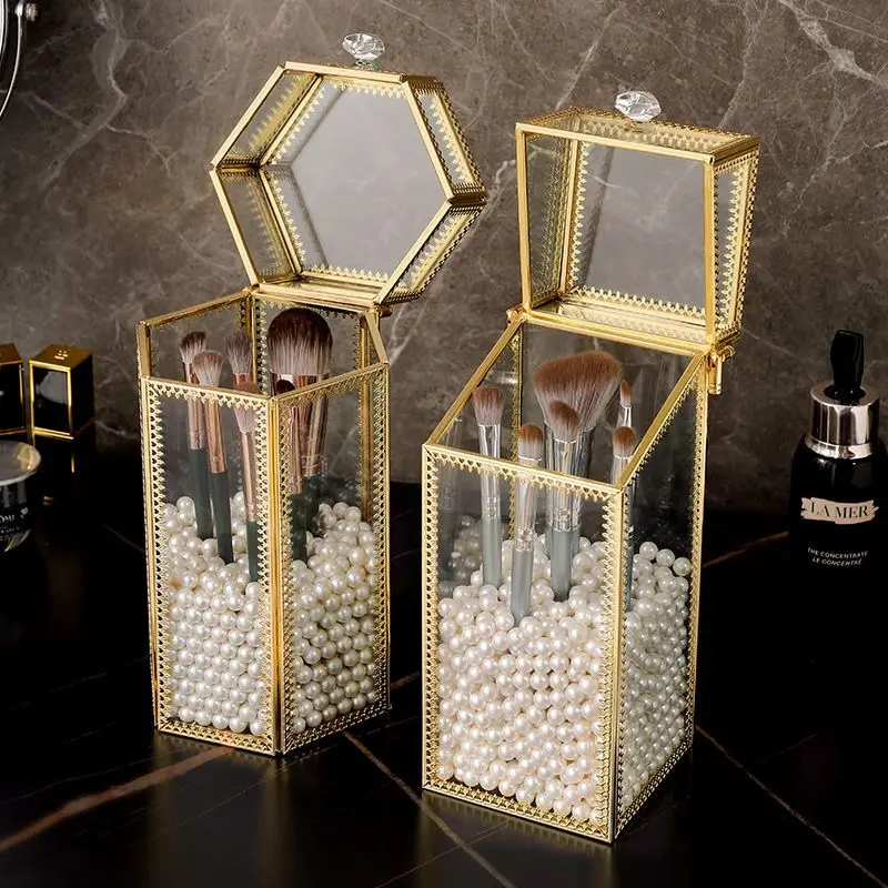 1pc, Makeup brush glass storage rack, Desktop dressing table decoration, Glass handicrafts, Jewelry tube, Storage container