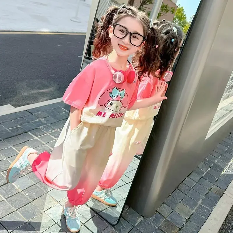 Girls Summer Cute Cartoon 2pcs Contrast Color Short Sleeve T-shirts+Pants Suits Kids Outfits Streetwear Sets Chilrens Clothing