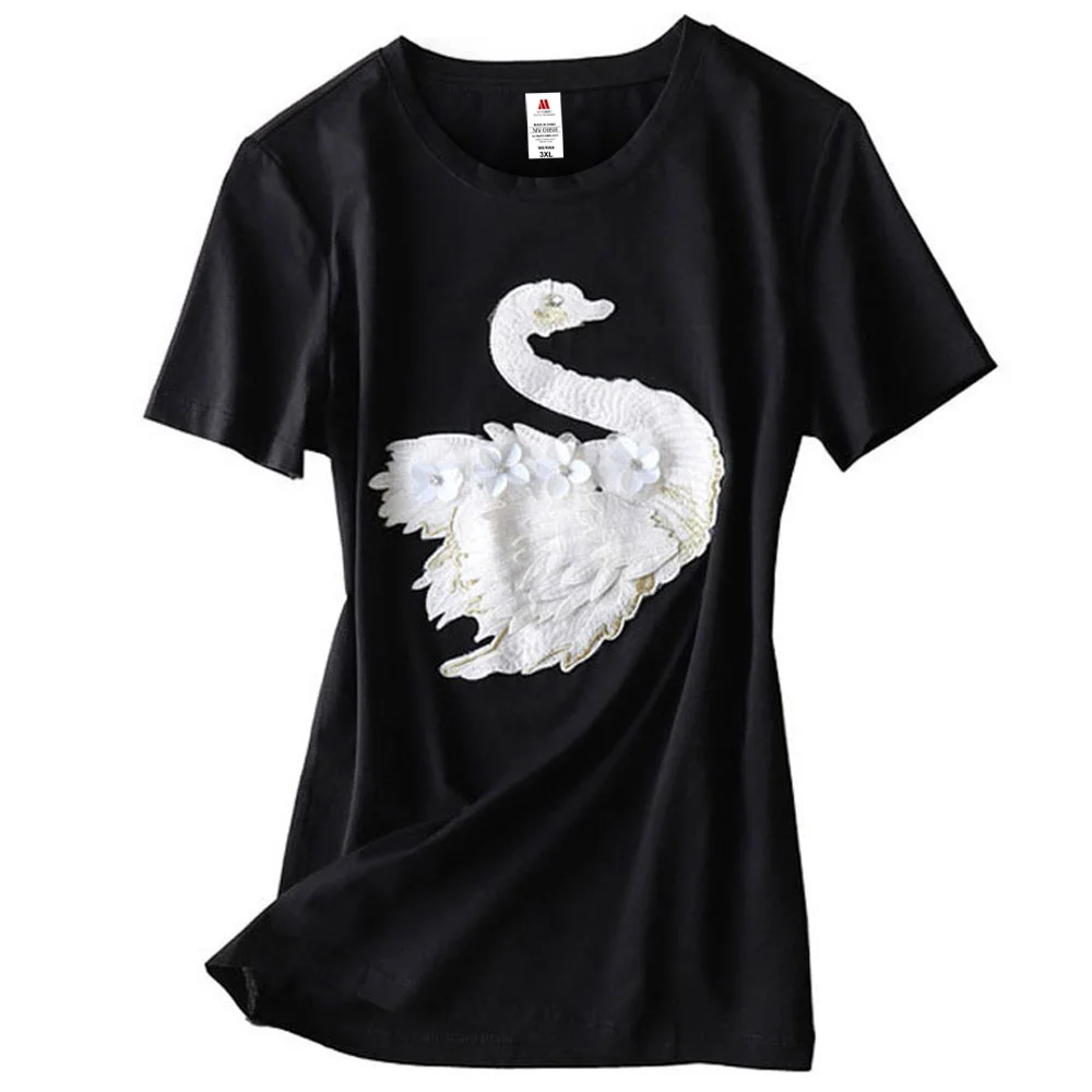 2024 New Fashion Cute Swan Embroidery T Shirt Women Brand T-shirt Casual Loose Short Sleeve O Neck Female Swan Animal Tops Tee