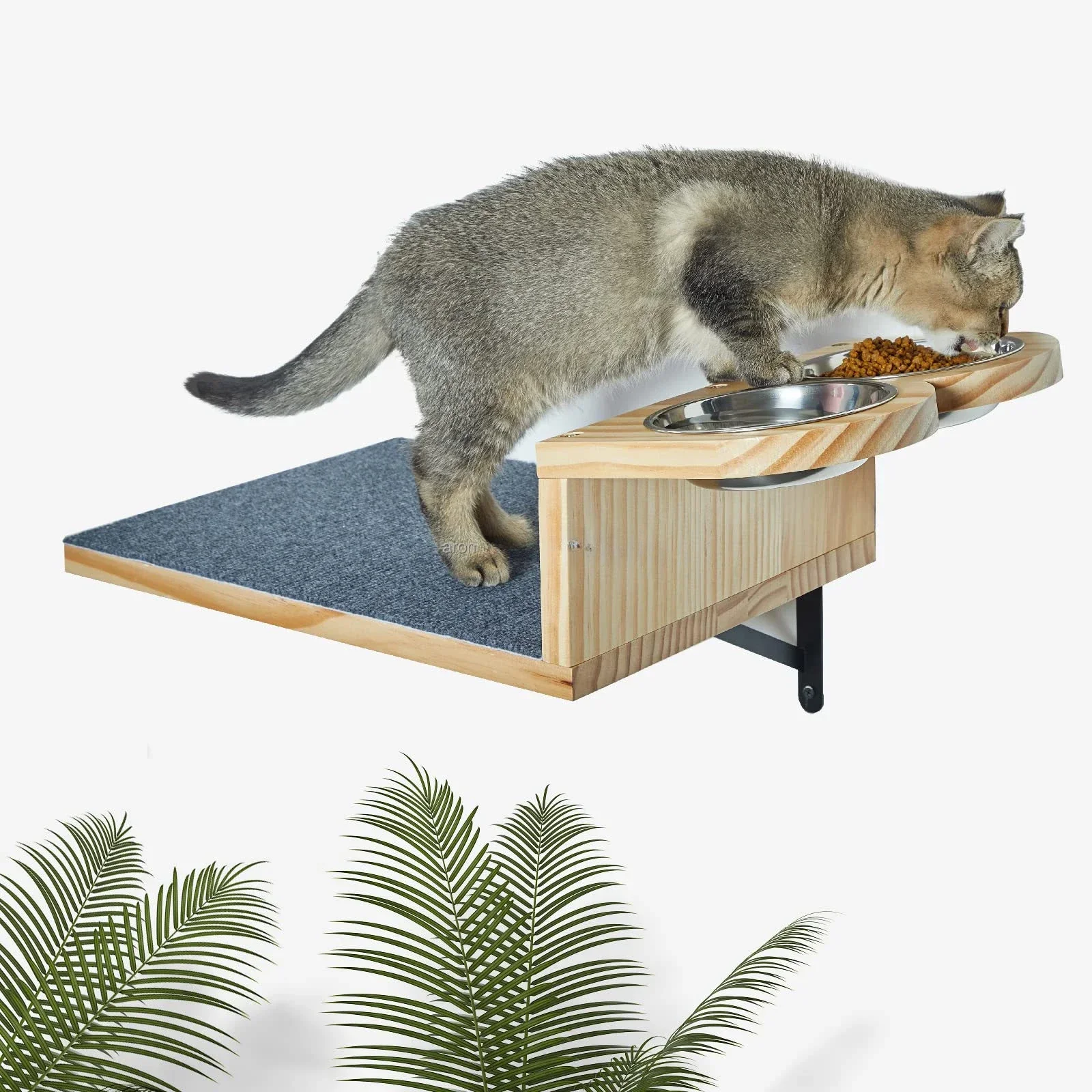 Hot selling 15 Tilted Feeding Position, Floating Cat Wall Shelf with 2 Elevated Cat Bowls Wall Mounted Cat Shelves