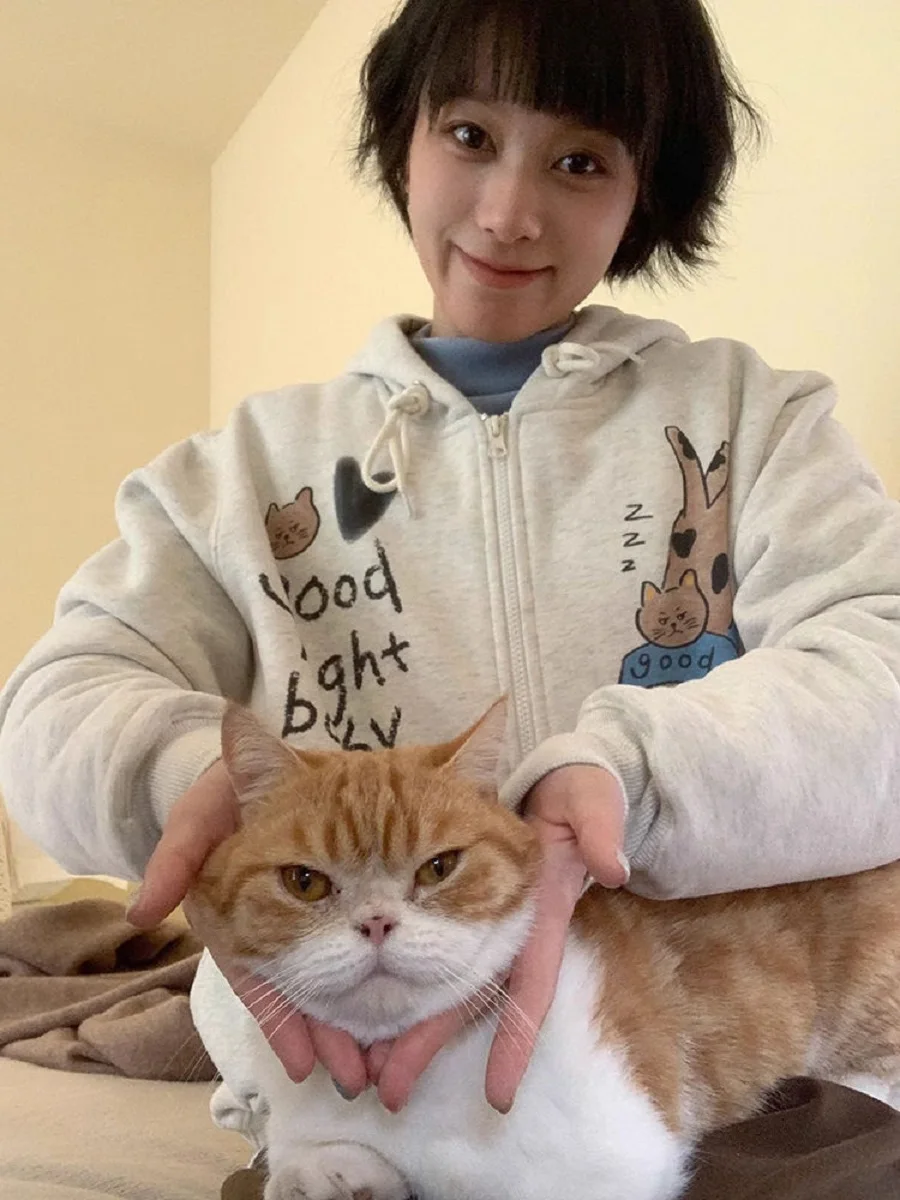 

Lazy Cat Print Hooded Sweatshirt Cardigan Women 2025 Autumn Winter New Niche Design Loose Long-Sleeved Jacket Top
