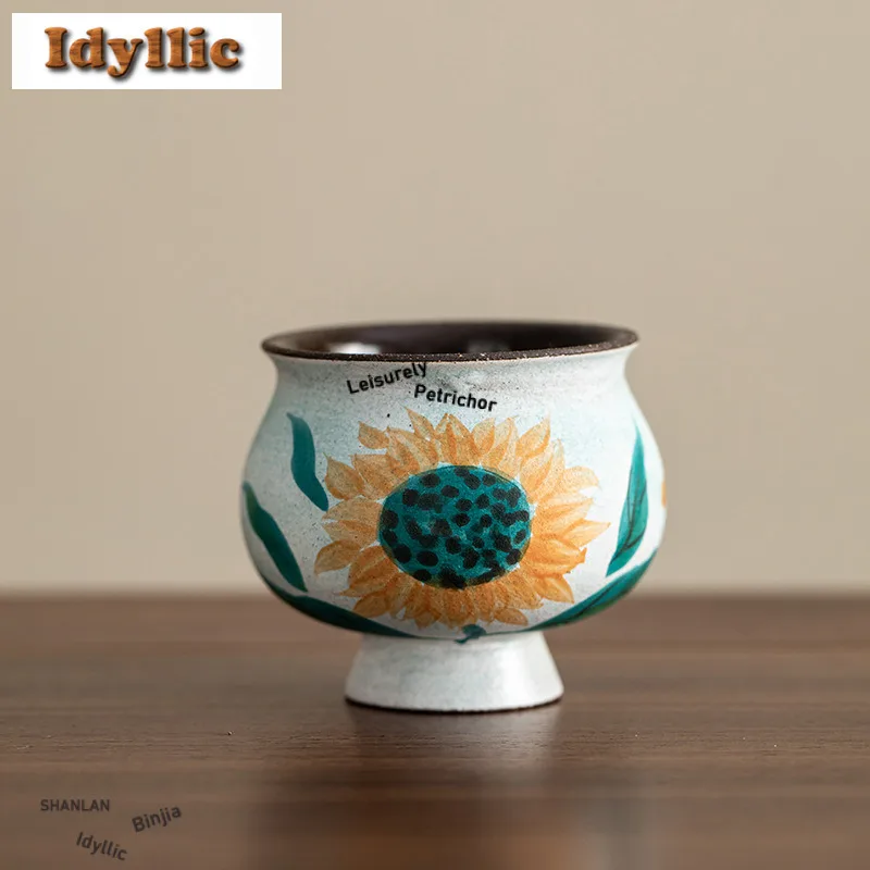 2pc/lot Hand-painted Sunflower High Foot Teacup Elegant Tea Bowl Tea Cup Set Tea-tasting Personal Cup Jianzhan Master Cups 70ml