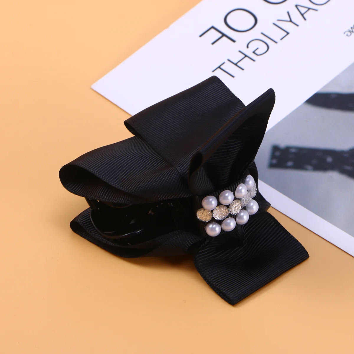 

Middle Size Black Jaw Clip Bowknot Double Bow Pearl Rhinestone Hair Claw Clip Versatile Hair Accessories for Women Daily and