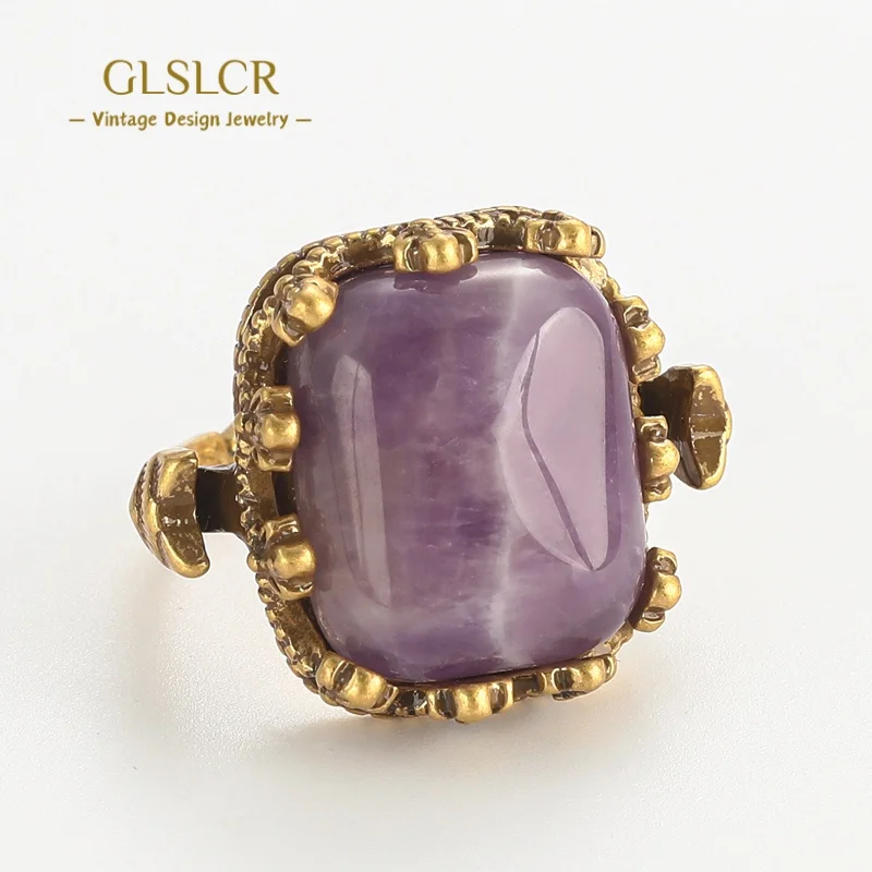 Винтажное фиолетовое кольцо из натурального камня, квадратное украшение, роскошное золотое кольцо для коктейлей и свадеб